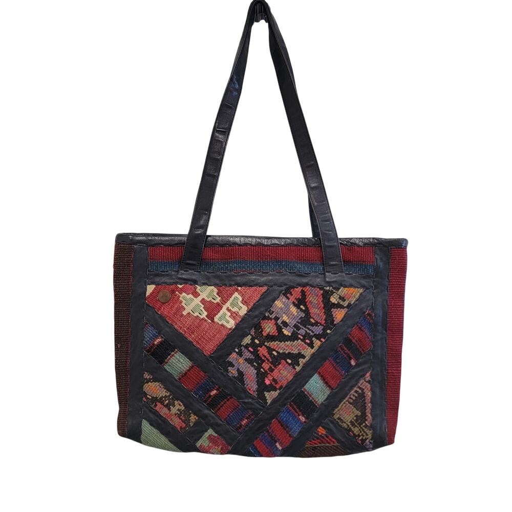 70s Vintage Boho Leather and Wool Carpet Bag Tote